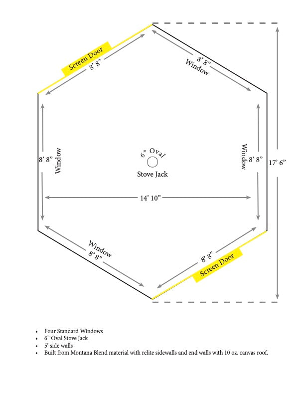 Diagram of Montana Lodge Tent Showing dimensions, stove jack placement, and window placement.