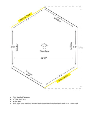 Diagram of Montana Lodge Tent Showing dimensions, stove jack placement, and window placement.