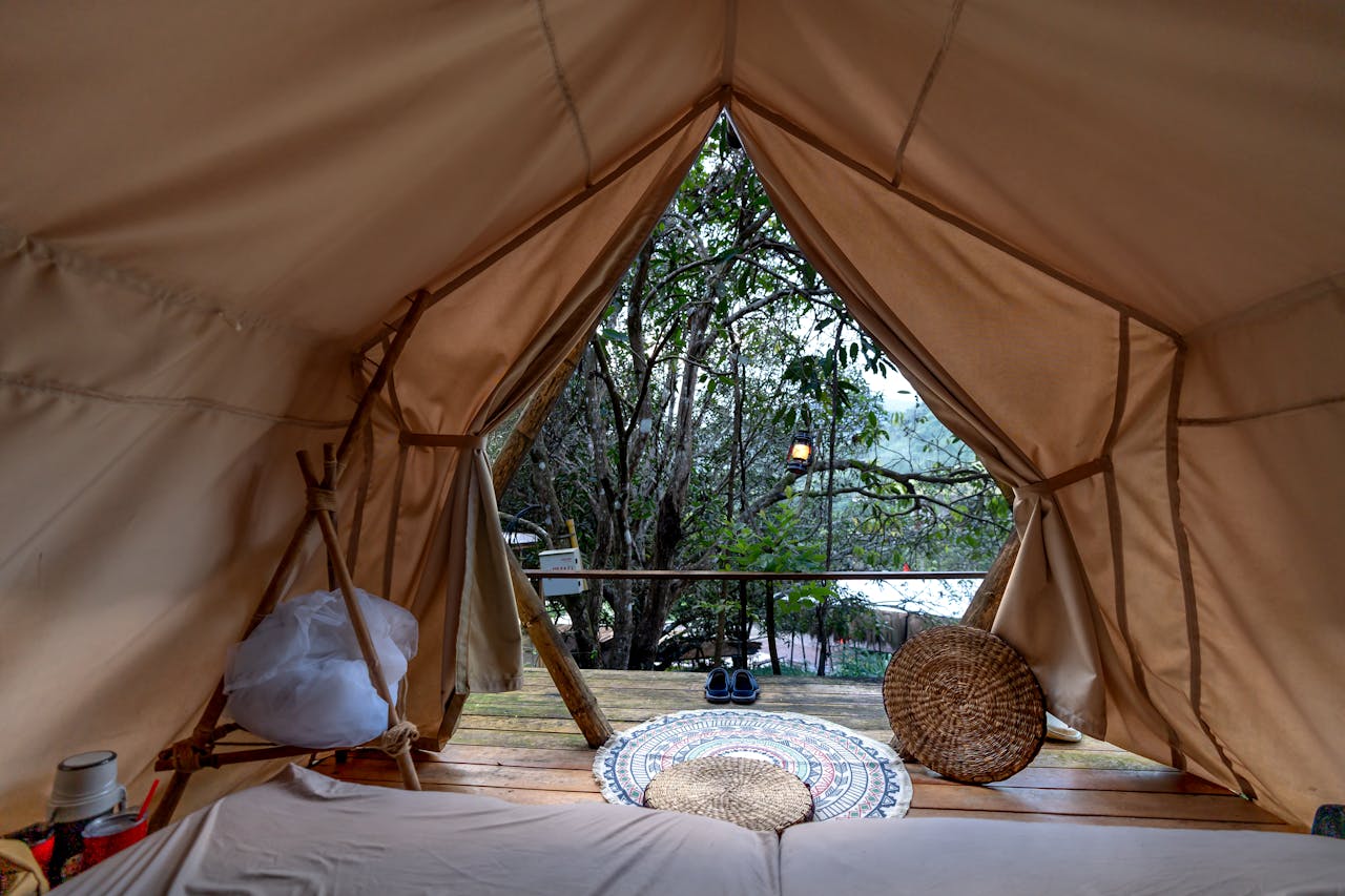 glamping tent on a wooden platform