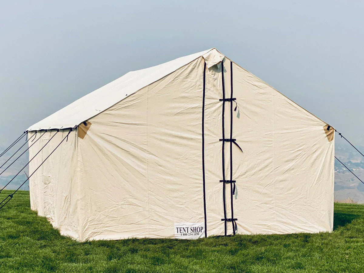 A large canvas wall tent for storing items on a tent camping checklist
