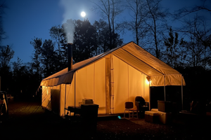 Tented accommodation in a forest at night with moonlight