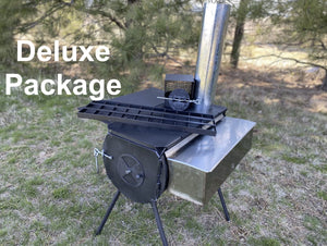 Wilderness Stove Deluxe Package with stove grate and 3-gallon stainless steel water tank for canvas tent camping.
