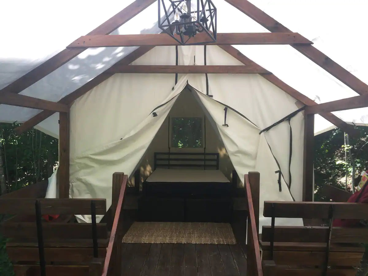 Wall Tent Shop Tent on Wood Platform with Fly, Stove, and Complete Steel Frame