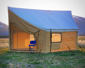 Montana Lodge Tent at sunset showing screened door and screened window
