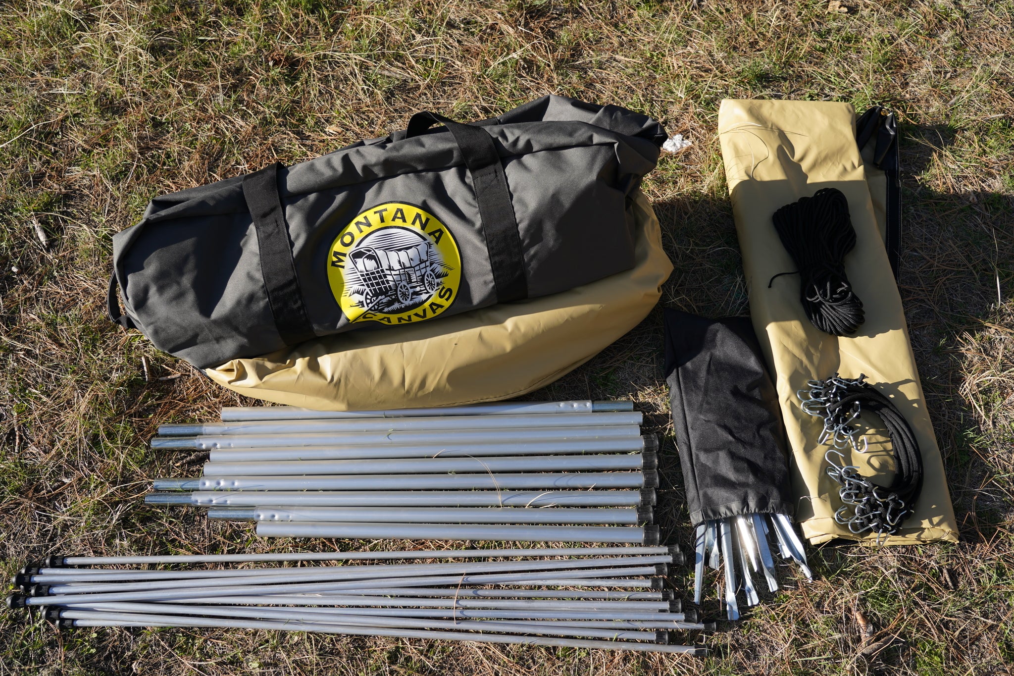 Montana Canvas Spike Tent Components on Ground to show volume of products