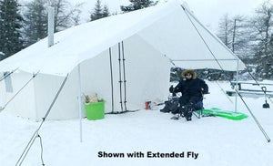 Wall Tent Shop Winter Tent with Frame, Fly, and Stove in Snow