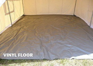 Vinyl floor inside a tent with grass visible outside